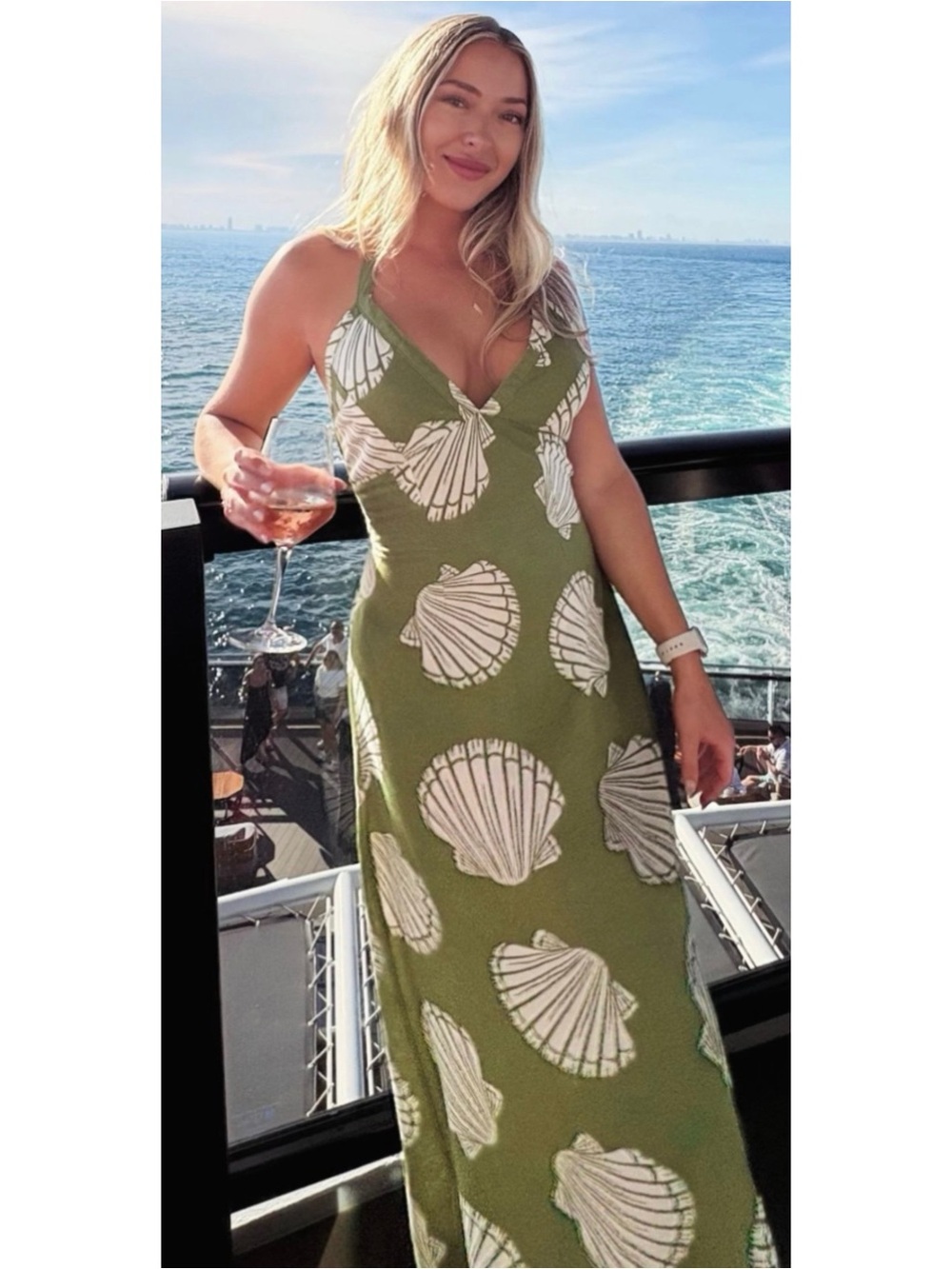. Japna Green Seashell Printed Sleeveless Smocked Halter Neck Maxi Dress